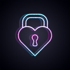 Poster - Glowing neon line Castle in the shape of a heart icon isolated on black background. Locked Heart. Love symbol and keyhole sign. Happy Valentines day. Vector