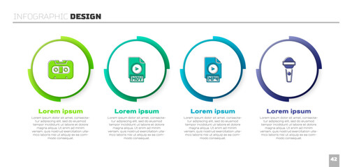 Poster - Set Retro audio cassette tape, MOV file document, MP4 and Microphone. Business infographic template. Vector