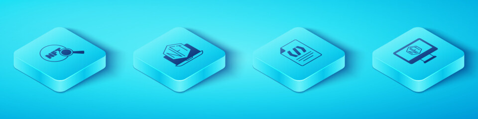 Aufkleber - Set Isometric Search NFT, Laptop with art store app, Monitor and Binary code icon. Vector