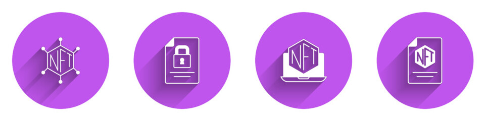 Aufkleber - Set NFT blockchain technology, Document and, Laptop with art store app and contract icon with long shadow. Vector