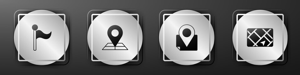 Poster - Set Flag, Folded map with location marker, and Gps device icon. Silver square button. Vector
