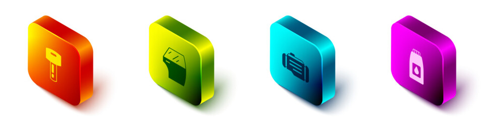 Poster - Set Isometric Car key with remote, door, Check engine and Canister for motor machine oil icon. Vector