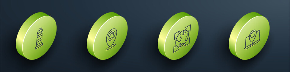 Poster - Set Isometric line Lighthouse, Location with, World globe compass and Laptop location marker icon. Vector