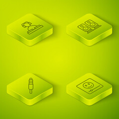 Poster - Set Isometric line Stereo speaker, Audio jack, Music player and DJ playing music icon. Vector