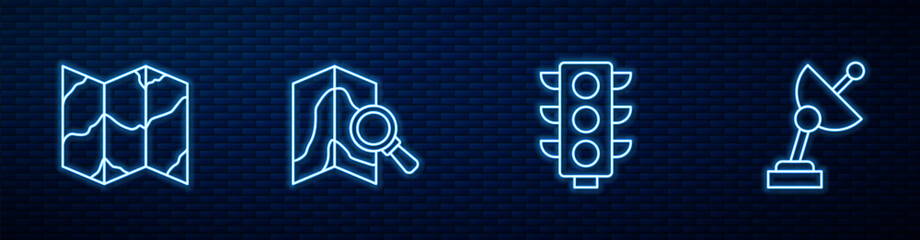 Poster - Set line Traffic light, Folded map, Search location and Radar. Glowing neon icon on brick wall. Vector