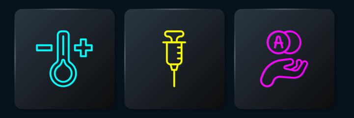 Poster - Set line Thermometer, Atom and Syringe. Black square button. Vector