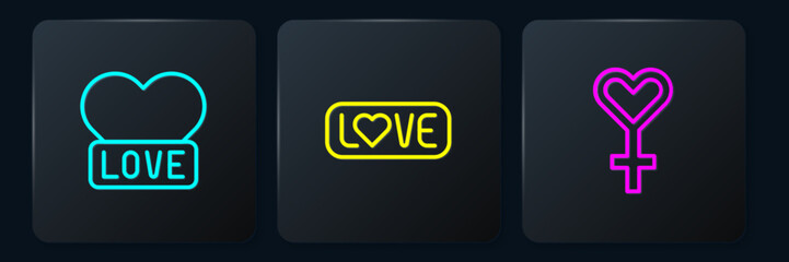 Poster - Set line Heart, Female gender symbol and Love text. Black square button. Vector