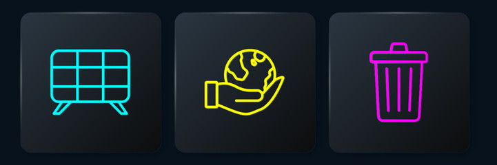 Poster - Set line Solar energy panel, Trash can and Hand holding Earth globe. Black square button. Vector