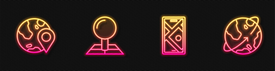 Poster - Set line City map navigation, Location the globe, Folded with location marker and Satellites orbiting Earth. Glowing neon icon. Vector