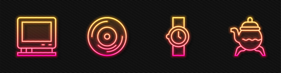 Poster - Set line Wrist watch, Retro tv, Vinyl disk and Classic teapot. Glowing neon icon. Vector