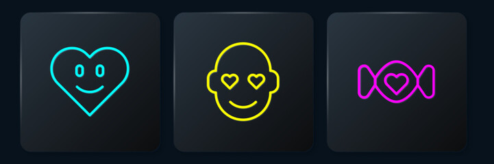 Poster - Set line Heart, Candy and Romantic man. Black square button. Vector