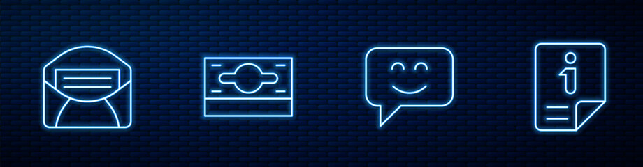Poster - Set line Smile face, Mail and e-mail, Stacks paper money cash and Information. Glowing neon icon on brick wall. Vector