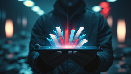 Poster - Innovative technology displayed by a person in a dimly lit environment with vibrant digital elements on a handheld device