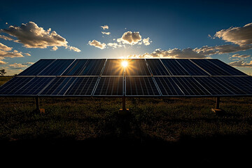 Large solar panel array under cloudy sunset sky