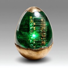 Aufkleber - Emerald Enigma: A Glimpse into the Future Inside a Golden-Trimmed Egg with Intricate Circuits and Glowing Components