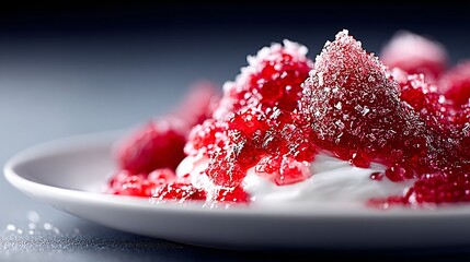 Poster - A close-up shot of Tub Tim Krob with coconut milk cascading down the glossy red pearls. The interplay of light and texture highlights the refreshing and indulgent nature of the dessert. Extreme macro