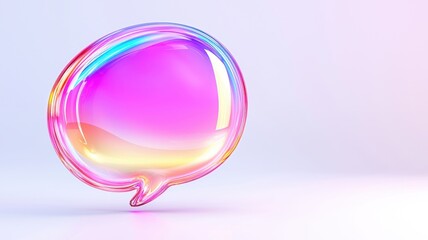 Poster - 3d Colorful holographic speech bubble icon online floating on a minimal white background, representing communication and modern technology copy space for text