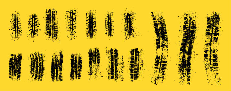 Black tire tracks on yellow background. Grunge track, tires stamps. Wheel braking marks, car or motorcycle tread, motorsport, racing vector set