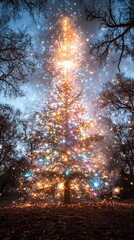 Wall Mural - vibrant firework explosion in night sky with glowing trails, sparkling particles, and cinematic ligh