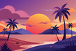 © Sam - Sunset on the beach with palm trees. Vector illustration in flat style