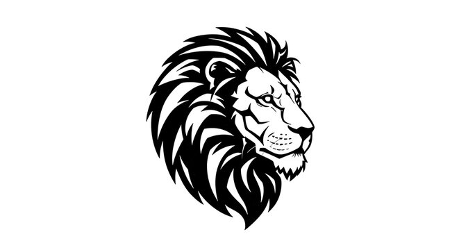 lion head profile in bold contour lines, geometric mane shapes, negative space eyes, strong monochrome aesthetic