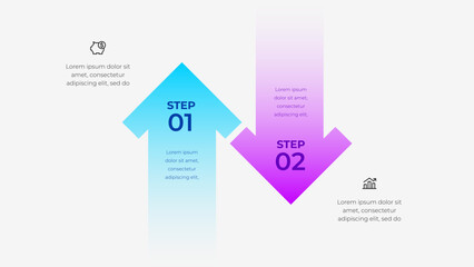 Leinwandbilder - Illustration representing a business process in two steps with arrows, piggy bank, and analytics icons, conveying progress and organizational workflow