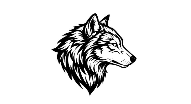 wolf head profile in bold contour lines, geometric mane shapes, negative space eyes, strong monochrome aesthetic