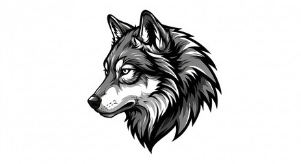  wolf head profile in bold contour lines, geometric mane shapes, negative space eyes, strong monochrome aesthetic