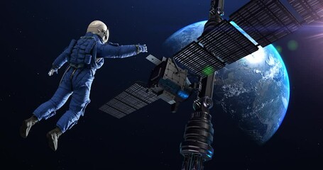 Wall Mural - technology and exploration theme with astronaut near space station. space and technology related 4k 