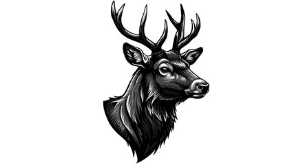 Poster - deer head profile in bold contour lines, geometric mane shapes, negative space eyes, strong monochrome aesthetic