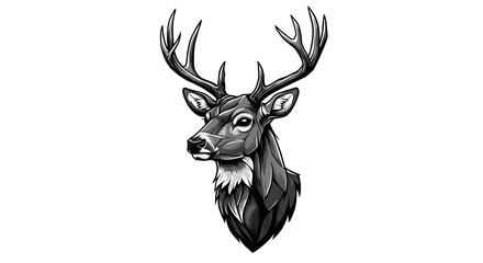 Poster - deer head profile in bold contour lines, geometric mane shapes, negative space eyes, strong monochrome aesthetic