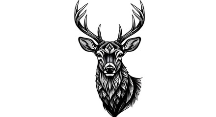 Poster - deer head profile in bold contour lines, geometric mane shapes, negative space eyes, strong monochrome aesthetic