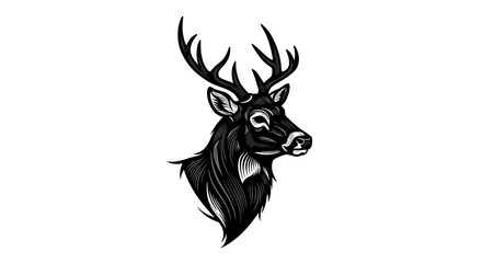 Poster - deer head profile in bold contour lines, geometric mane shapes, negative space eyes, strong monochrome aesthetic