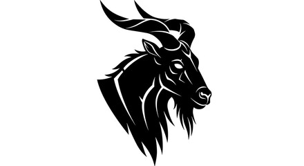 Poster - markhor head profile in bold contour lines, geometric mane shapes, negative space eyes, strong monochrome aesthetic