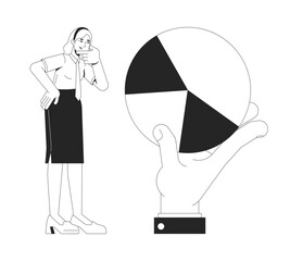 Poster - taking closer look at data line illustration concept. professional analyzing piechart. female analys