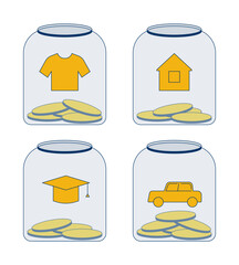 Poster - budget allocation categories in glass jars 2d cartoon objects set. tshirt, house, graduation cap, ca