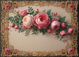 Wall Mural - Intricate calligraphic floral border, vintage baroque style, roses and peonies , Roses,  texture