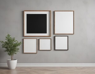 Wall Mural - Modern gallery wall mockup, customizable frames, blank canvases, white background,  presentation,  photography,  stylish