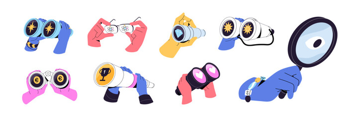 Poster - Set of binoculars in hands. People look for with magnifier, search for with telescope, seek, observe through magnifying glass. Curiosity, discovery concept. Flat isolated vector illustrations on white