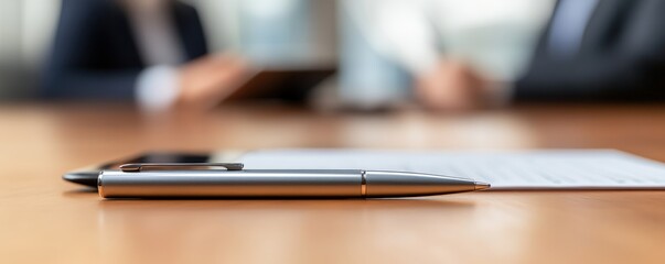 Poster - Close Up View of a Modern Conference Table Setting with a Pen and Document Focused in an Office Environment