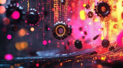 Poster - 3D tech gears with floating numbers and holographic data grids on dark abstract background