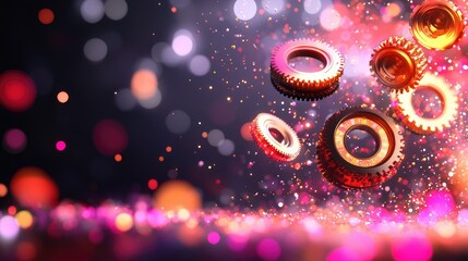 Poster - 3D tech gears with floating numbers and holographic data grids on dark abstract background