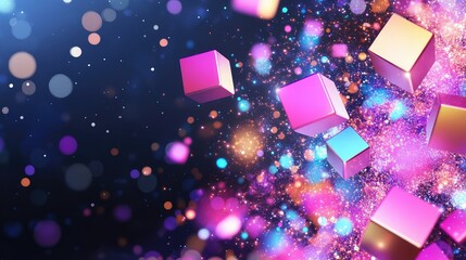 Poster - Dark abstract space with digital cubes in motion glowing in purple-blue gradients