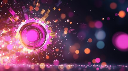 Poster - Digital gears rotating with light trails and big data visual elements in neon tones