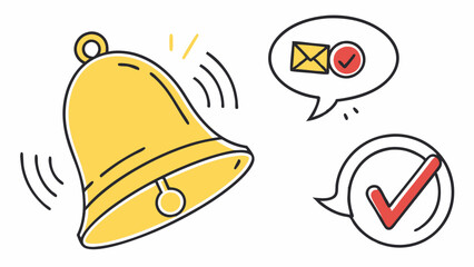 Poster - This collection features a yellow bell icon symbolizing notifications, alongside speech bubbles showing messages and check marks. It illustrates alerts and confirmations in a digital context