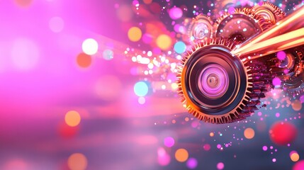Poster - Digital gears rotating with light trails and big data visual elements in neon tones