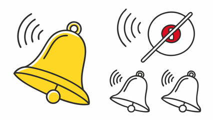 Poster - Set of yellow notification bell icons featuring various alert states including active, muted, and off. Ideal for use in digital platforms, enhancing user engagement and communication