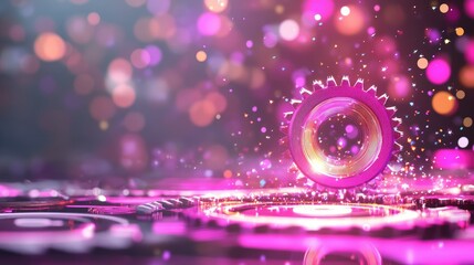 Poster - Digital gears rotating with light trails and big data visual elements in neon tones