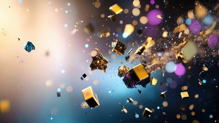 Poster - Floating tech fragments and shimmering digital particles in abstract black void with metallic textures