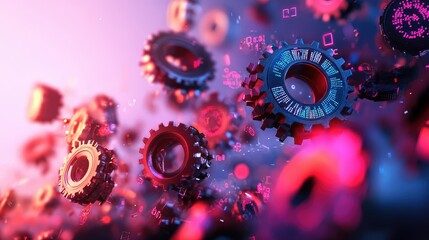 Poster - Futuristic abstract background with rotating gear wheels and binary code streams in digital blue